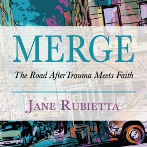 The illustration shows a corner, with cars and buildings, to illustration the coming together of trauma and faith.